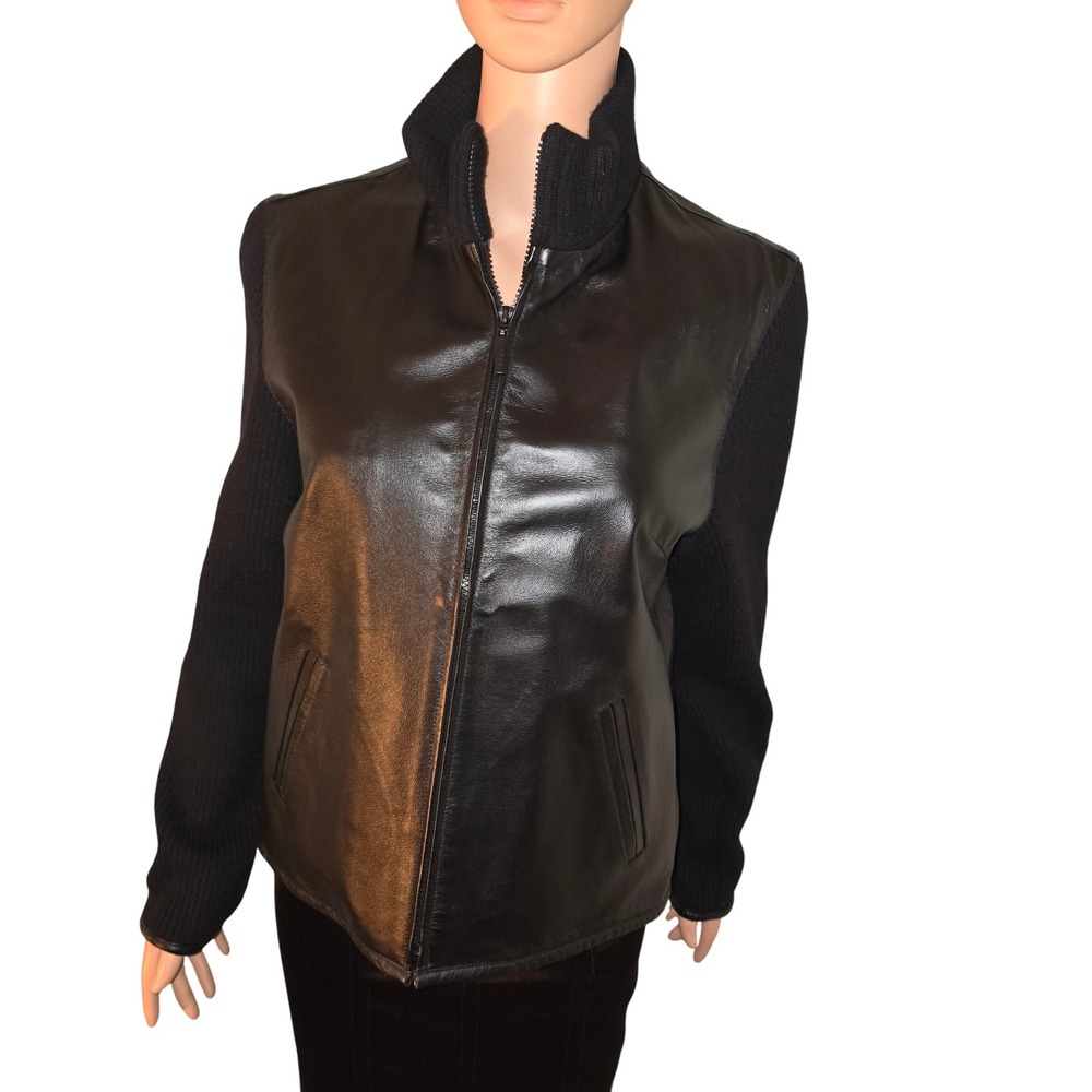 J.G. Hook Leather Jacket Women's Black Knit Sleeve Zip Up Moto Biker Vintage Med